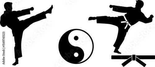 Martial arts training silhouette vector illustration with yin yang and karate kick position design editable