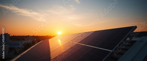 Golden hour sunlight on rooftop solar panels at sunset, clean energy, light