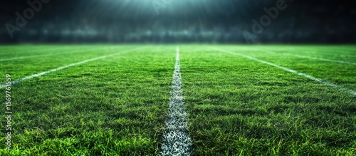 Lush green football field at night