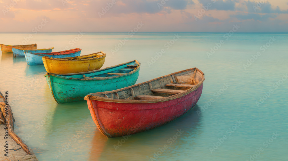 Naklejka premium Colorful wooden boats resting on calm turquoise waters at sunrise, creating a serene and picturesque coastal scene.