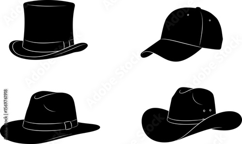 Different types of hats vector illustration top hat baseball cap fedora cowboy hat fashion headwear style editable