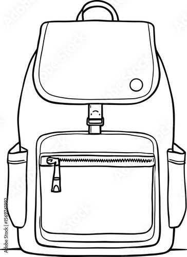 Rugged Essentials — Silhouette Line Illustration of Outdoor Backpack with Buttoned Flap, Zippered Front Pocket, and Twin Side Compartments