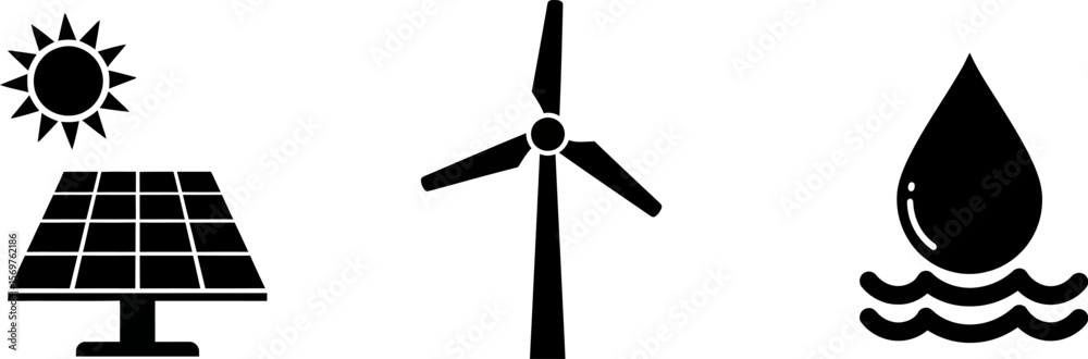 Fototapeta premium Renewable energy sources illustration: solar panel, wind turbine, and water drop icons vector design editable