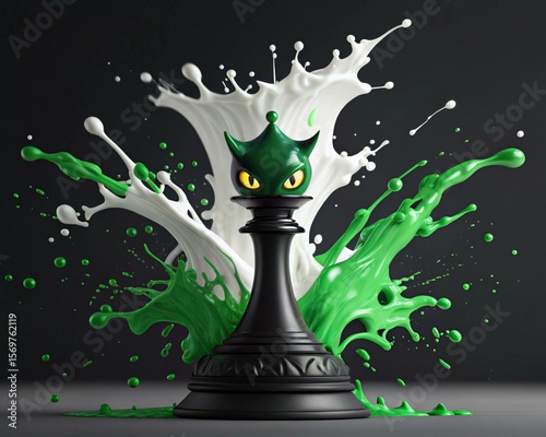Chess Piece with Green and White Paint Splash: Creative Fusion of Strategy and Art
