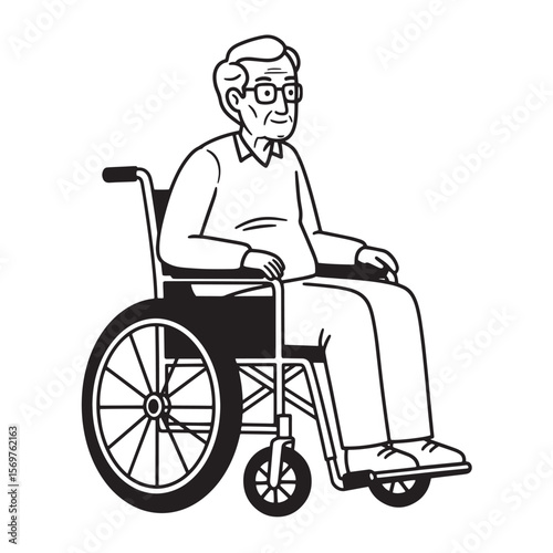 Vector illustration of an elderly man sitting in a wheelchair smiling with glasses