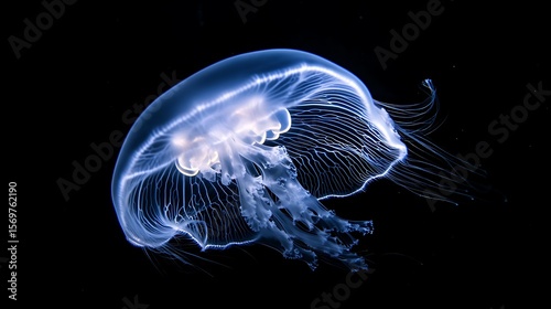 A luminous jellyfish gracefully floats in dark water