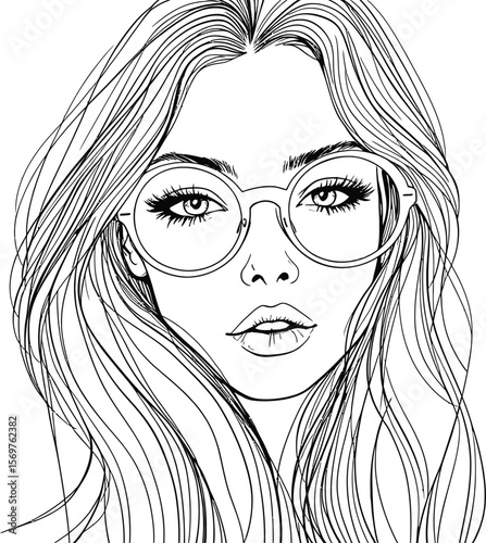 Voluminous Waves — Silhouette Line Drawing of Flowing Wavy Hair with Detailed Strands and Graceful Texture