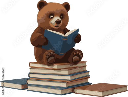 Adorable Brown Bear Reading a Book While Sitting on a Stack of Books