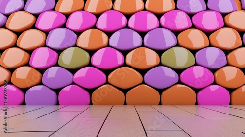 Abstract Pastel Capsules Arrangement On Dark Background with Brown Wooden Floor Reflection