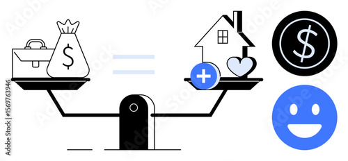 Scale balancing money, home, heart, briefcase. Blue icons of a coin, happy. Ideal for finance, balance, investment work-life harmony priorities happiness simple landing page