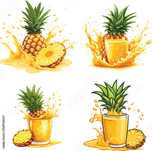 Fresh Pineapple Juice Splash Cartoon vector style on white background