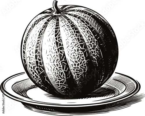 Summer’s Sweet Gold Cantaloupe fruit vintage linework ink sketch hand drawn pen drawing summer vector illustration background