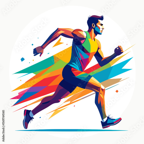 Abstract Geometric Runner in Motion with Colorful Polygons on White Background