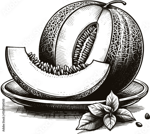 Orange Sunshine in a Slice Cantaloupe fruit vintage linework ink sketch hand drawn pen drawing summer vector illustration background