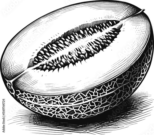 Fresh & Fragrant Cantaloupe fruit vintage linework ink sketch hand drawn pen drawing summer vector illustration background