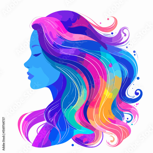 Abstract Portrait of a Woman with Flowing Rainbow Colored Hair and Light Blue Skin Tone on a White Background