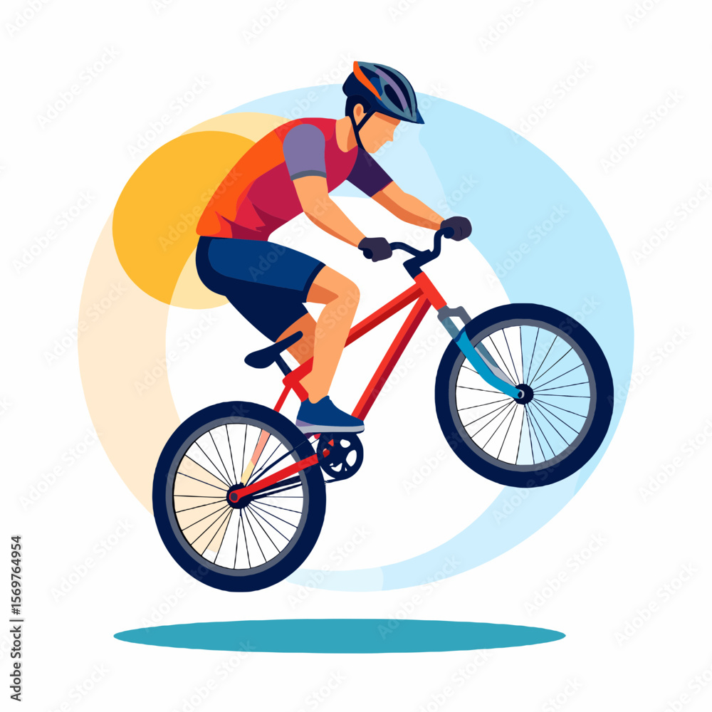 Fototapeta premium Athlete Leaping with Red Mountain Bike Wearing Helmet and Colorful Jersey in Blue Circle Background Graphic