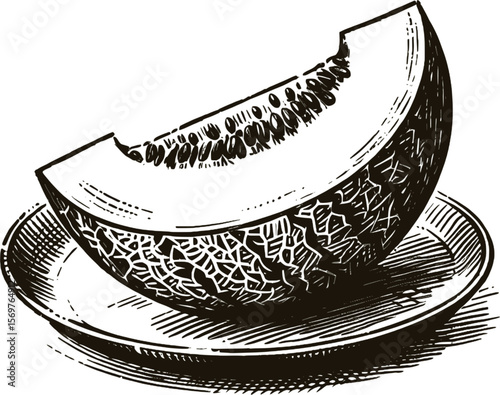 Golden Green Delight: Fresh Honeydew Honeydew Melon fruit vintage linework ink sketch hand drawn pen drawing summer vector illustration background