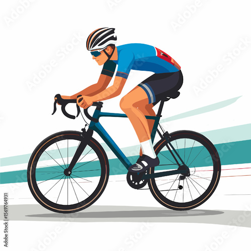 Athlete Cycling on a Blue Bicycle During Road Race Wearing Helmet and Sporting Uniform with Black Shorts Against White Background