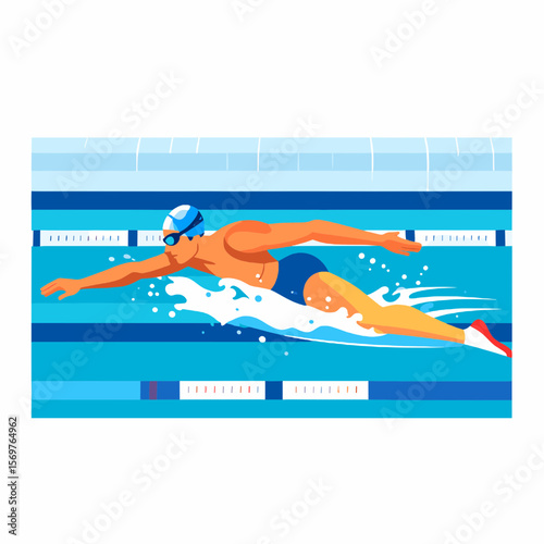 Athlete in Blue Swimsuit Practicing Butterfly Stroke in Swimming Pool with Waves for Sport Competition Training and Healthy Lifestyle