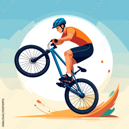 Athlete Performs Bike Stunt with Blue Mountain Bicycle under Bright Sunlight in Outdoor Sports Activity on Sandy Terrain with a Sunny Blue Sky