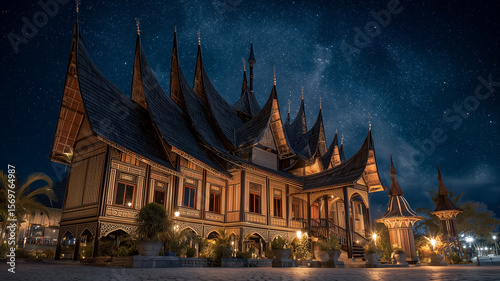 Night View of Rumah Gadang with Traditional Lanterns and Starry Sky.generative ai