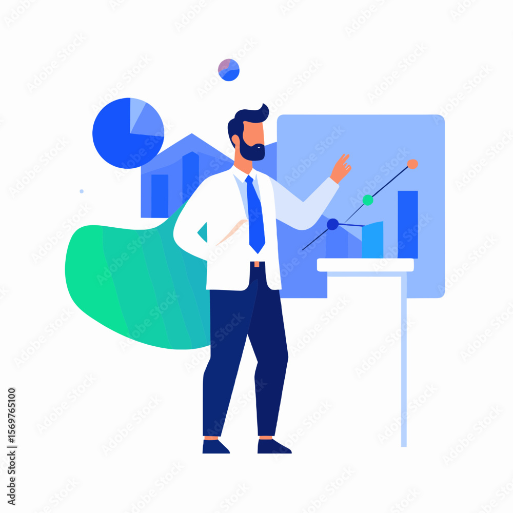 Bearded Business Man Presenting Financial Data and Growth Statistics Using Bar Chart Graph and Diagram in White and Blue Color Scheme on Isolated Background Bearded Business Man Presenting Financial Data and Growth Statistics Using Bar Chart Graph and Diagram in White and Blue Color Scheme on Isolated Background