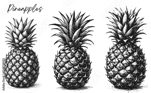 Sunshine in a Fruit: Juicy Pineapple fruit vintage linework ink sketch hand drawn pen drawing summer vector illustration background