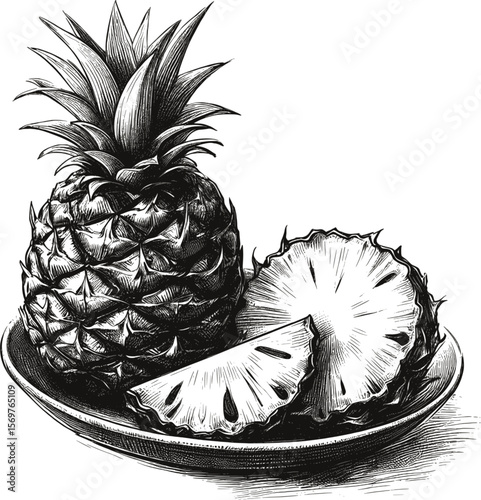 Spiky Outside, Sweet Inside Pineapple fruit vintage linework ink sketch hand drawn pen drawing summer vector illustration background