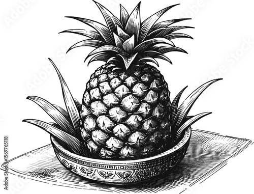 The Golden Pineapple Glow Pineapple fruit vintage linework ink sketch hand drawn pen drawing summer vector illustration background