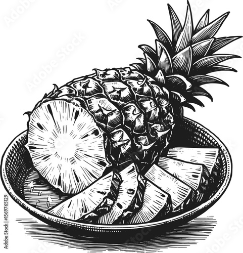 Juicy, Zesty, Irresistible Pineapple fruit vintage linework ink sketch hand drawn pen drawing summer vector illustration background