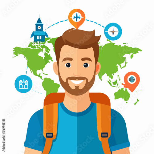 Bearded Man with Orange Backpack over World Map with Travel Destination Icons in Colorful Flat Design for Tourism and Adventure