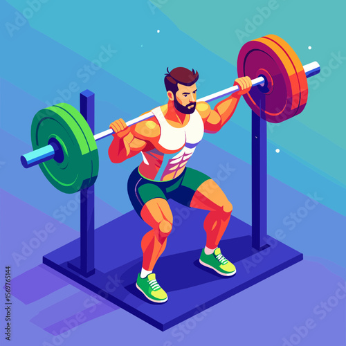Bearded Man Squatting with Barbell in Gym with Isometric Perspective for Fitness and Strength Illustration with Blue and Green Color Scheme