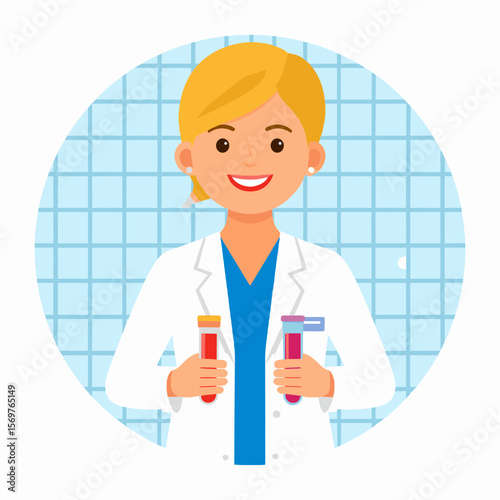 Blond Female Scientist in White Lab Coat Holding Test Tubes with Colored Liquid in Medical Setting
