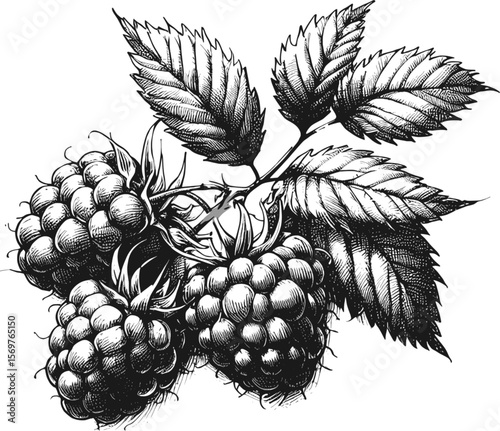 Ruby Delight: Juicy Raspberry Perfection fruit vintage linework ink sketch hand drawn pen drawing summer vector illustration background