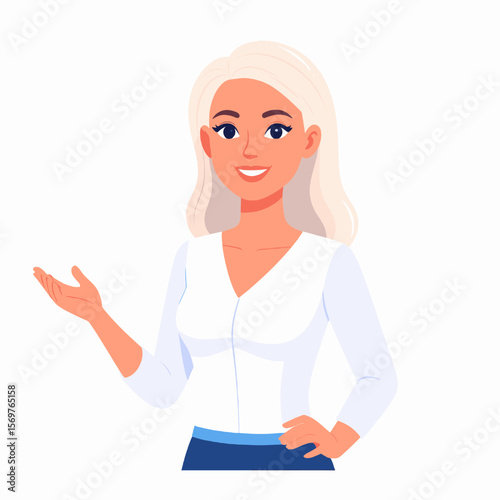 Blond Woman Giving Presentation in White Shirt with Blue Skirt Elegant Presentation with Professional Attire