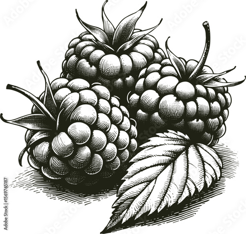 Tiny but Mighty: The Vibrant Raspberry fruit vintage linework ink sketch hand drawn pen drawing summer vector illustration background