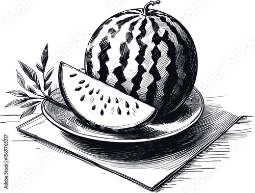 Juicy Summer: A Slice of Watermelon Joy fruit vintage linework ink sketch hand drawn pen drawing summer vector illustration background