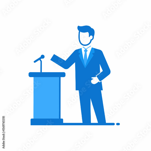 Blue Silhouette of a Man Giving a Speech at a Podium with a Microphone in a Light Background for Political or Business Presentation