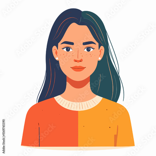 Brunette Woman Digital Portrait with Freckles in Orange and Yellow Shirt Against White Background Minimalist Aesthetic