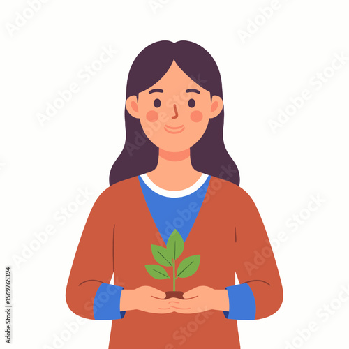 Brunette Woman Holding Green Sprout Plant in Hands Wearing Rust Sweater on White Background Demonstrating Environment Care