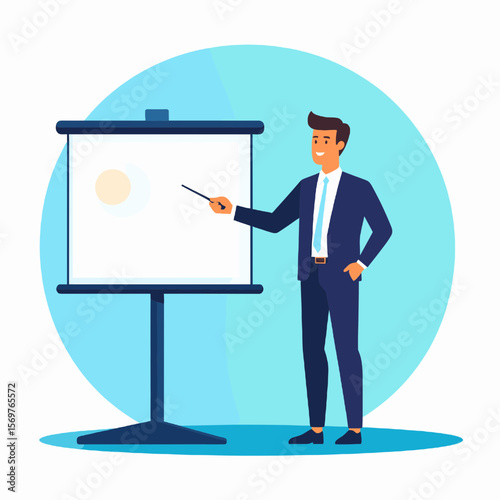 Businessman Presenting Data on Whiteboard with Pointer in Front of Blue Circular Background at Office Demonstrating Analysis and Strategy