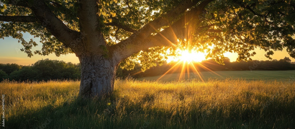 Obraz premium Golden sunset through a large tree in a field