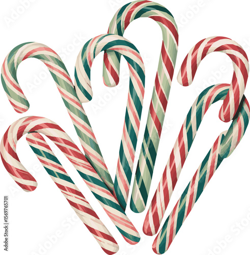 Festive red and white striped candy canes with green and blue accents perfect for holiday decorations and sweet treats