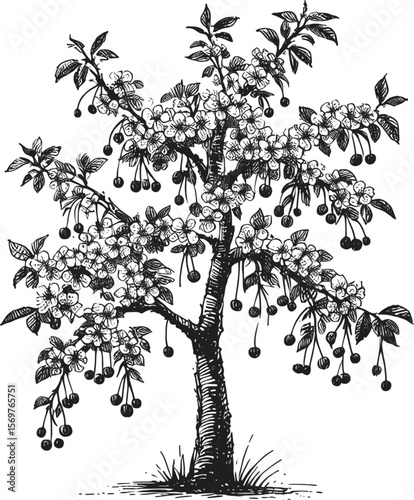 Spring’s Whisper: The Cherry Tree Awakens tree fruit vintage linework ink sketch hand drawn pen drawing summer vector illustration background