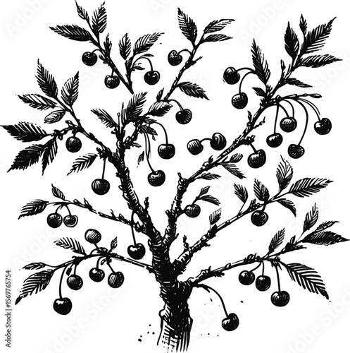 Pink Petals Dancing in the Breeze Cherry tree fruit vintage linework ink sketch hand drawn pen drawing summer vector illustration background