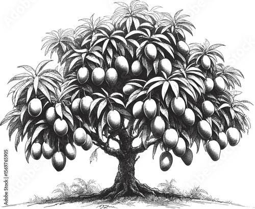 Sweet Harvest: Mangoes Dangling in Green Mango tree fruit vintage linework ink sketch hand drawn pen drawing summer vector illustration background