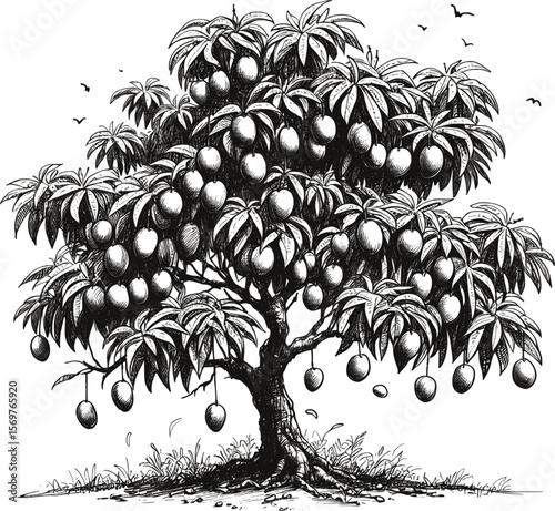 From Tree to Table: Fresh & Luscious Mangoes Mango tree fruit vintage linework ink sketch hand drawn pen drawing summer vector illustration background