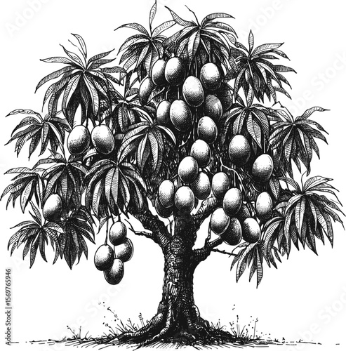 Tropical Abundance: A Mango Tree’s Gift Mango tree fruit vintage linework ink sketch hand drawn pen drawing summer vector illustration background