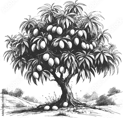 Juicy Jewels: Mangoes Among the Leaves Mango tree fruit vintage linework ink sketch hand drawn pen drawing summer vector illustration background